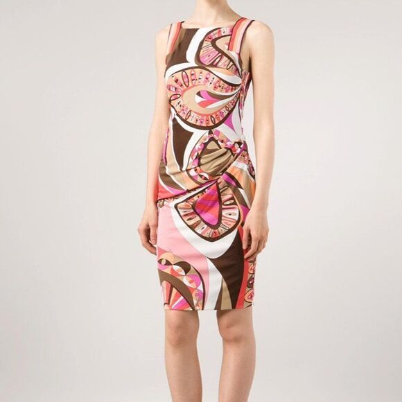 EMILIO PUCCI Multicolor Abstract Ruched Side Sheath Knee Length Dress Si… - Picture 2 of 16